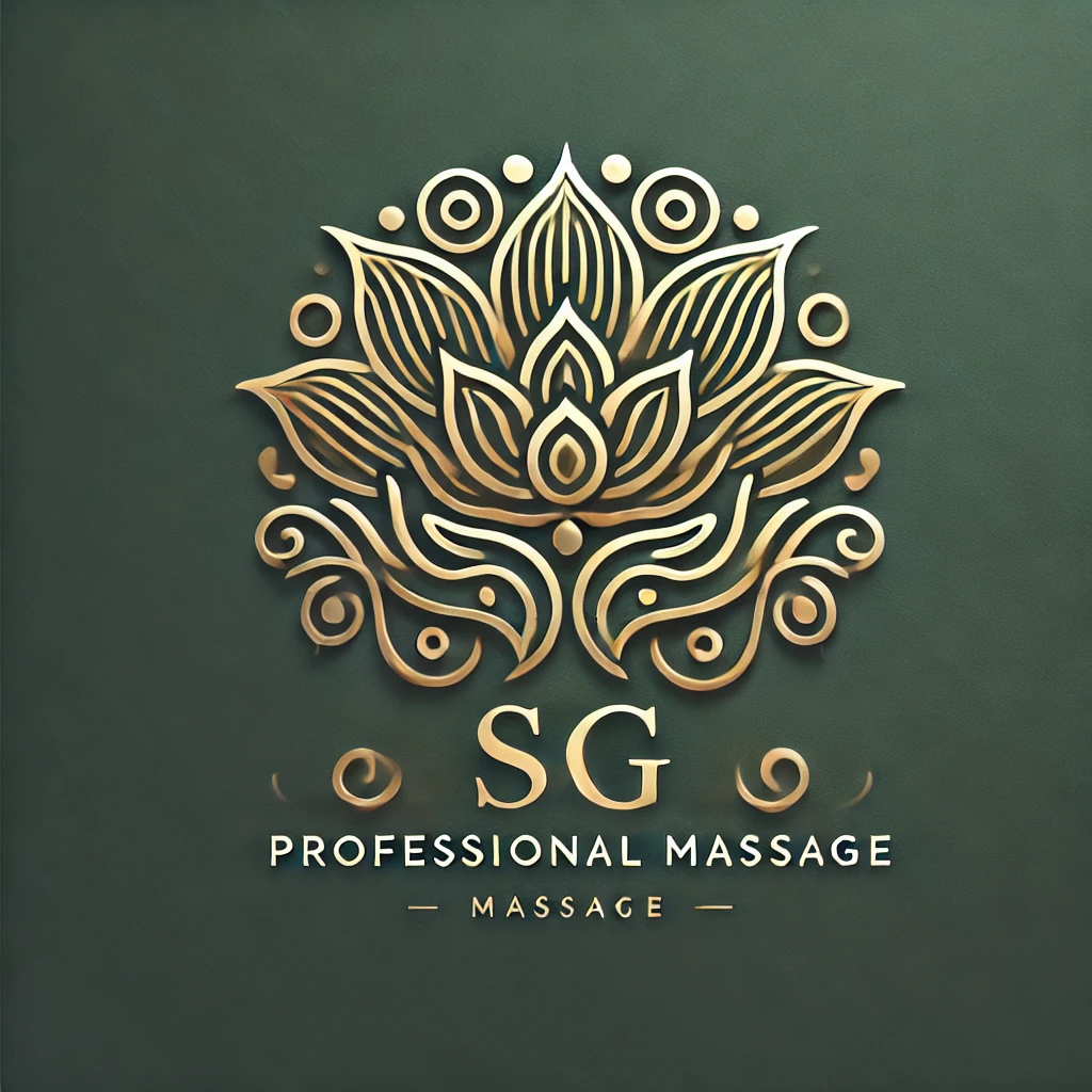 Luxurious logo of SG Professional Massage with Thai-inspired delicate line art. The design features a minimalist lotus flower and gentle hands in rich gold tones on a deep green background, symbolizing premium care, wellness, and Thai heritage.